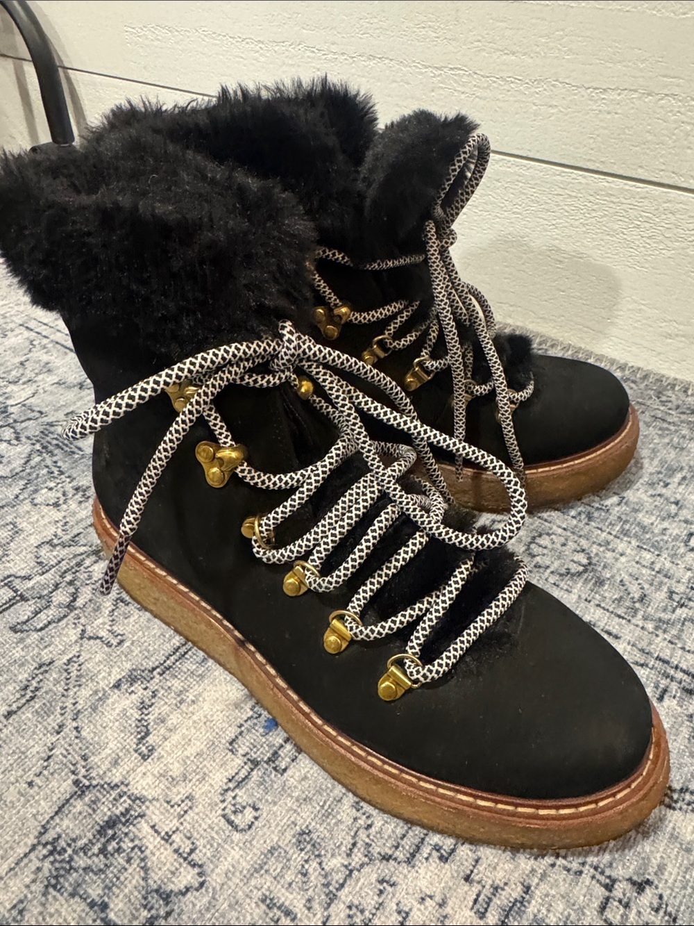 J-Crew Nubuck Women’s Black Faux Fur Lace-Up Platform Booties- 6